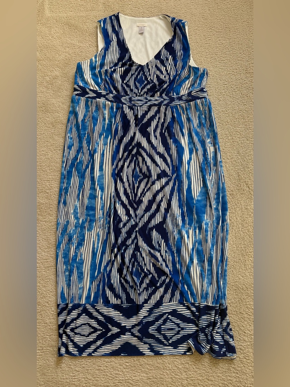 Chico’s Maxi Ikat jersey blue white stretchy sleeveless maxi dress sz 3 (XL)